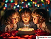 At a lively birthday party, children gather around a huge red velvet cake, their eyes sparkling with anticipation, ready to blow the candles together.