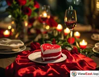 Couples share a heart-shaped red velvet cake under candlelight at a romantic Valentine's dinner, surrounded by an atmosphere of love.