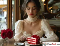 A stylish lady savors a red velvet cake adorned with rose petals at a retro café, enjoying a leisurely afternoon tea.