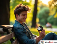 On a leisurely weekend afternoon, a young person sits on a park bench, enjoying the sunshine while savoring an Oreo cake.