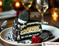 At a romantic couple's dinner, a heart-shaped Oreo cake is served, adding sweetness to the special night.