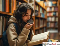 In a quiet library corner, a student enjoys an Oreo cake while immersed in the world of books, enjoying the dual pleasures of reading and dessert.