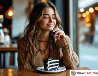 A young lady enjoys an Oreo cake at a trendy café, savoring a leisurely afternoon tea.