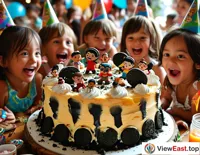 Kids excitedly surround a giant Oreo cake decorated with their favorite cartoon characters at a lively birthday party.