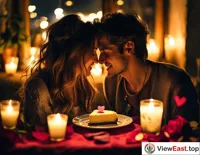 On a romantic Valentine's night, a couple shares a heart-shaped cheesecake under candlelight, surrounded by an atmosphere filled with love.