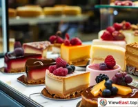In a stylish dessert shop, exquisite cheesecakes are displayed in a showcase, captivating customers and tempting them to try.