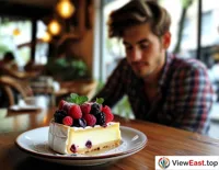 In a quiet café, a young man focuses on a cheesecake topped with fresh berries, enjoying a moment of peace.