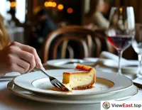 A lady delicately cuts into a cheesecake at an exquisite French restaurant, savoring the perfect blend of its smooth texture and rich cheese flavor.