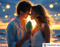 On a romantic seaside night, a couple shares green tea ice cream, with the sea breeze gently blowing and the sweet taste permeating the air.