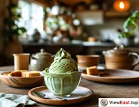 At a cozy family gathering, green tea ice cream is served as dessert, adding a touch of fresh green to the family meal.