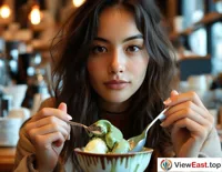 A young lady scoops green tea ice cream at a trendy café, immersed in the aroma of matcha.