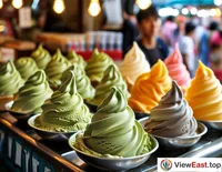 At a bustling summer fair, a stall filled with green tea ice cream catches the eyes of passersby, becoming a highlight of the market.