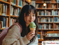 A student enjoys green tea ice cream during a break at the library, bringing a touch of coolness to intense study.