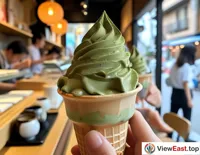 Customers savor delicate green tea ice cream at a Japanese dessert shop, experiencing the freshness of matcha and the smoothness of ice cream.