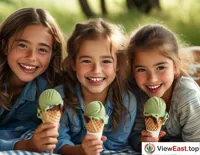 During a leisurely weekend picnic, children eagerly taste green tea ice cream, their faces beaming with happiness.