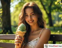 A girl enjoys a refreshing green tea ice cream on a sunny summer afternoon, sitting on a park bench.