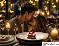On a romantic Valentine's dinner, a couple shares a heart-shaped chocolate mousse, surrounded by an atmosphere filled with love.