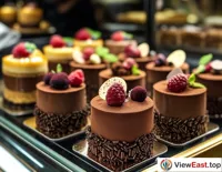 In a stylish dessert shop, dainty chocolate mousses are displayed in a showcase, captivating customers and tempting them to try.