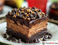 At a lively birthday party, a chocolate mousse cake decorated with chocolate shards becomes the center of attention.
