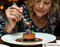 At an upscale restaurant, a lady delicately scoops a smooth chocolate mousse, savoring its melting sensation in her mouth.