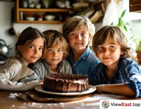 In a cozy kitchen, children gather around a freshly made chocolate mousse cake, their eyes sparkling with anticipation.