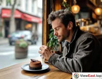 In a quiet café corner, a man savors a delicate chocolate mousse, immersed in its rich chocolate aroma.