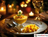 At a romantic couple's dinner, a couple shares a mango pudding decorated with fresh mango slices, surrounded by an atmosphere filled with love.