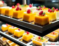 In a stylish dessert shop, dainty mango puddings are displayed in a showcase, captivating customers and tempting them to try.
