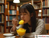 A student enjoys mango pudding during a break at the library, bringing a touch of coolness and sweetness to intense study.