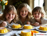 At a cozy family gathering, children eagerly taste freshly made mango pudding, their faces beaming with happiness.