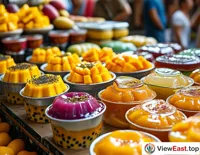 At a bustling summer market, a stall displays vibrant mango puddings, catching the eyes of passersby and becoming a bright spot in the market.