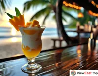 A tourist enjoys sunshine and sea breeze at a tropical beach bar, holding a transparent glass cup filled with mango pudding, a perfect blend of sweet mango and silky pudding.