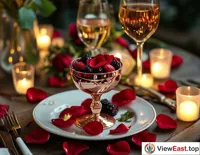 At a romantic couple's dinner, a couple shares a berry cup decorated with rose petals, surrounded by an atmosphere filled with love.