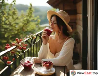 On a leisurely weekend afternoon, a lady sits on her balcony, enjoying the sun and homemade berry cups.