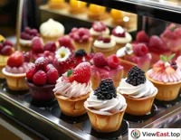 In a stylish dessert shop, dainty berry cups are displayed in a showcase, captivating customers and tempting them to try.