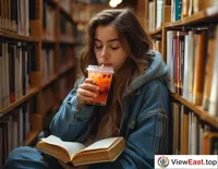 In a quiet library corner, a student enjoys a refreshing berry cup during a break, bringing a touch of freshness to intense study.