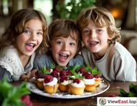 At a cozy family gathering, children excitedly surround a plate of berry cups decorated with cream and mint leaves, ready for a sweet feast.