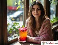 A young lady sits by the café window on a sunny spring afternoon, holding a colorful berry cup, enjoying a leisurely tea time.