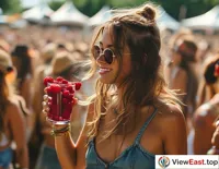 At a lively summer music festival, a girl holds a berry cup filled with fresh berries, swaying gently to the rhythm of the music.