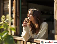 On a leisurely weekend afternoon, a lady sits on her balcony, enjoying the sun and homemade chocolate cookies.