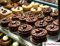 In an exquisite dessert shop, chocolate cookies decorated with chocolate chips are displayed in a showcase, captivating customers' attention.