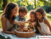 At a sunny park, a family is having a picnic, with children eagerly reaching for a basket full of chocolate cookies.