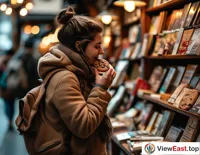 A reader savors a chocolate cookie during a reading break at a quiet bookstore, enjoying the dual pleasures of literature and snacks.