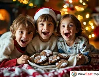 In a cozy living room, children excitedly take out frosted chocolate cookies from Christmas stockings, their faces filled with holiday joy.