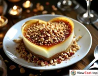 At a romantic couple's dinner, nut pudding is decorated into a heart shape, sprinkled with crushed nuts, adding sweetness to the special night.