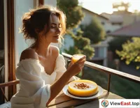 On a leisurely weekend afternoon, a lady sits on her balcony, enjoying the sun and homemade nut pudding.