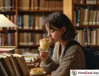 In a quiet library, a student enjoys homemade nut pudding during a break, bringing a touch of sweet relaxation to intense study.