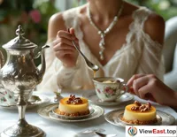 At an exquisite afternoon tea, ladies are savoring nut pudding with delicate silver spoons, enjoying a leisurely afternoon.