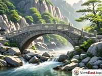 Yunbu Bridge on Mount Tai, an ancient bridge over a mountain stream, surrounded by misty clouds.