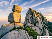 Tianzhu Peak of Mount Tai, with two giant stones resembling candles, a landmark of the mountain.